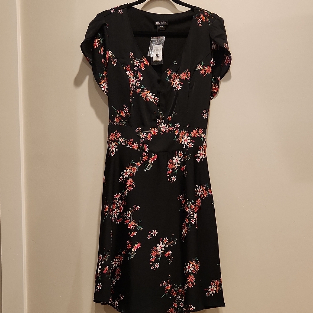 City Chic Black and Pink Flutter Sleeve A-Line Dress
